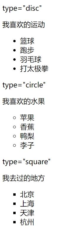 HTML 列表-无序列表 type属性取值